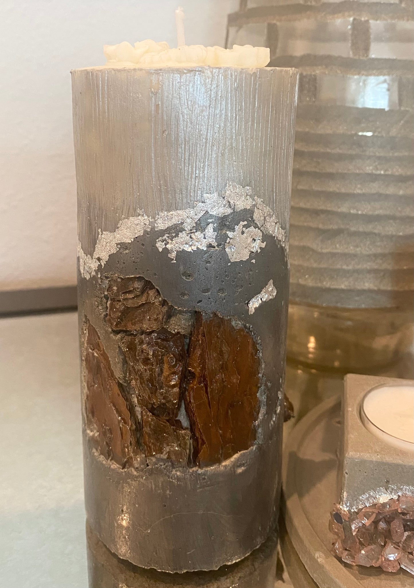 Cement Art Candle with Tree Bark