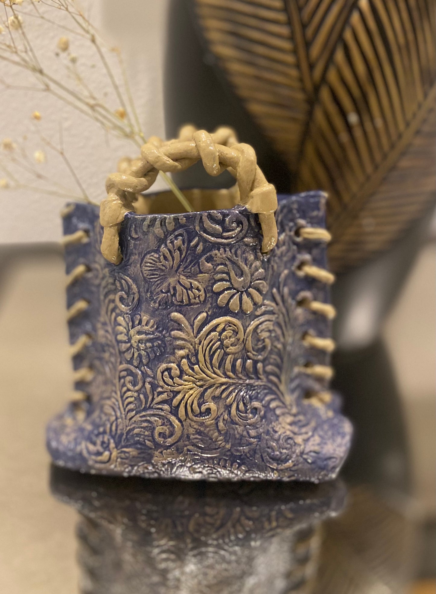 Laced Elegance Handbag-Inspired Embossed Clay Vase 5.5”H x 5”W
