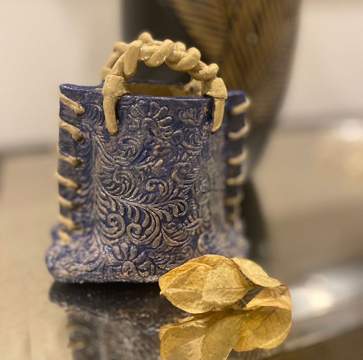 Laced Elegance Handbag-Inspired Embossed Clay Vase 5.5”H x 5”W