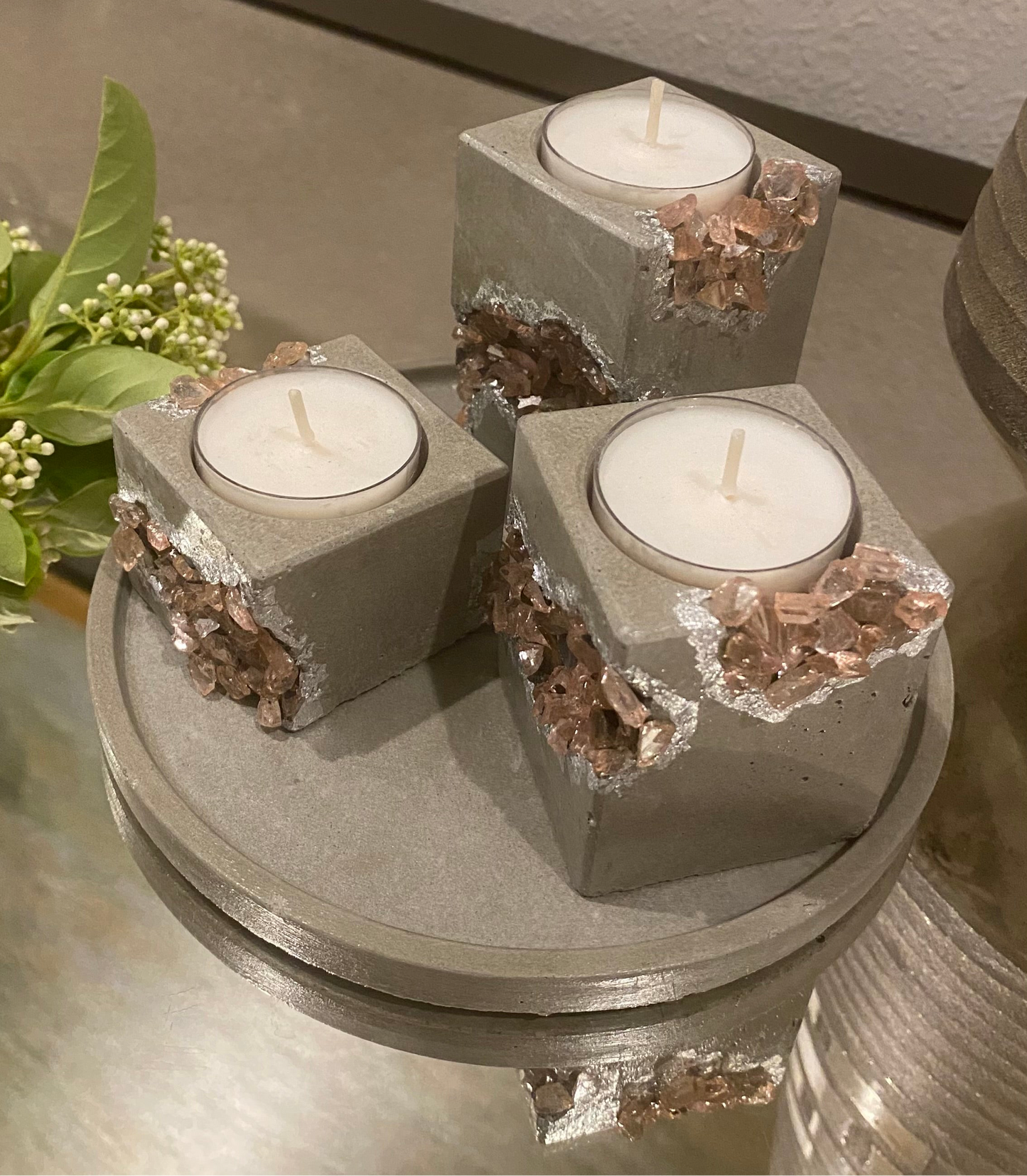 Set of three tea light candle holders and tray