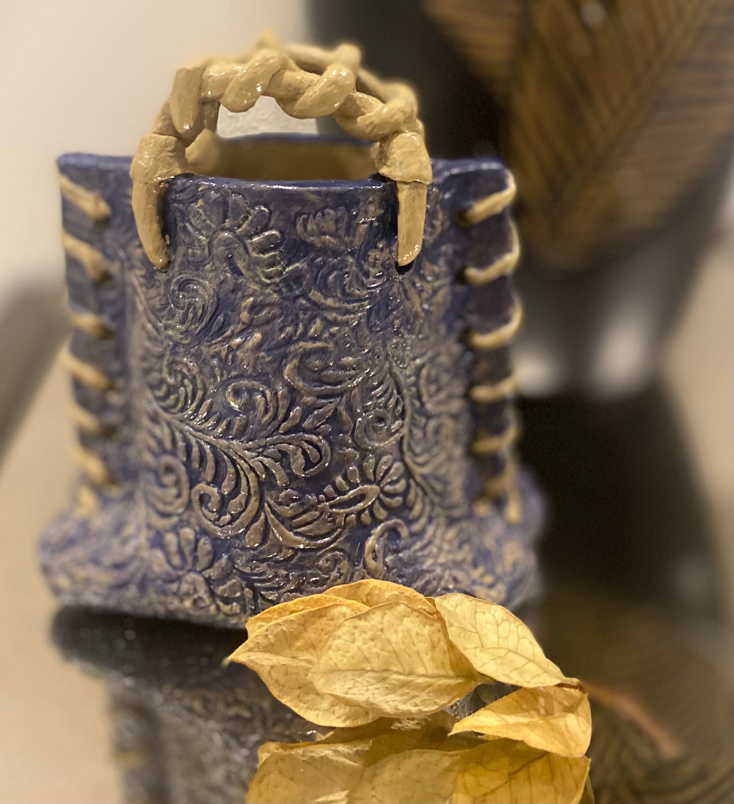 Laced Elegance Handbag-Inspired Embossed Clay Vase 5.5”H x 5”W