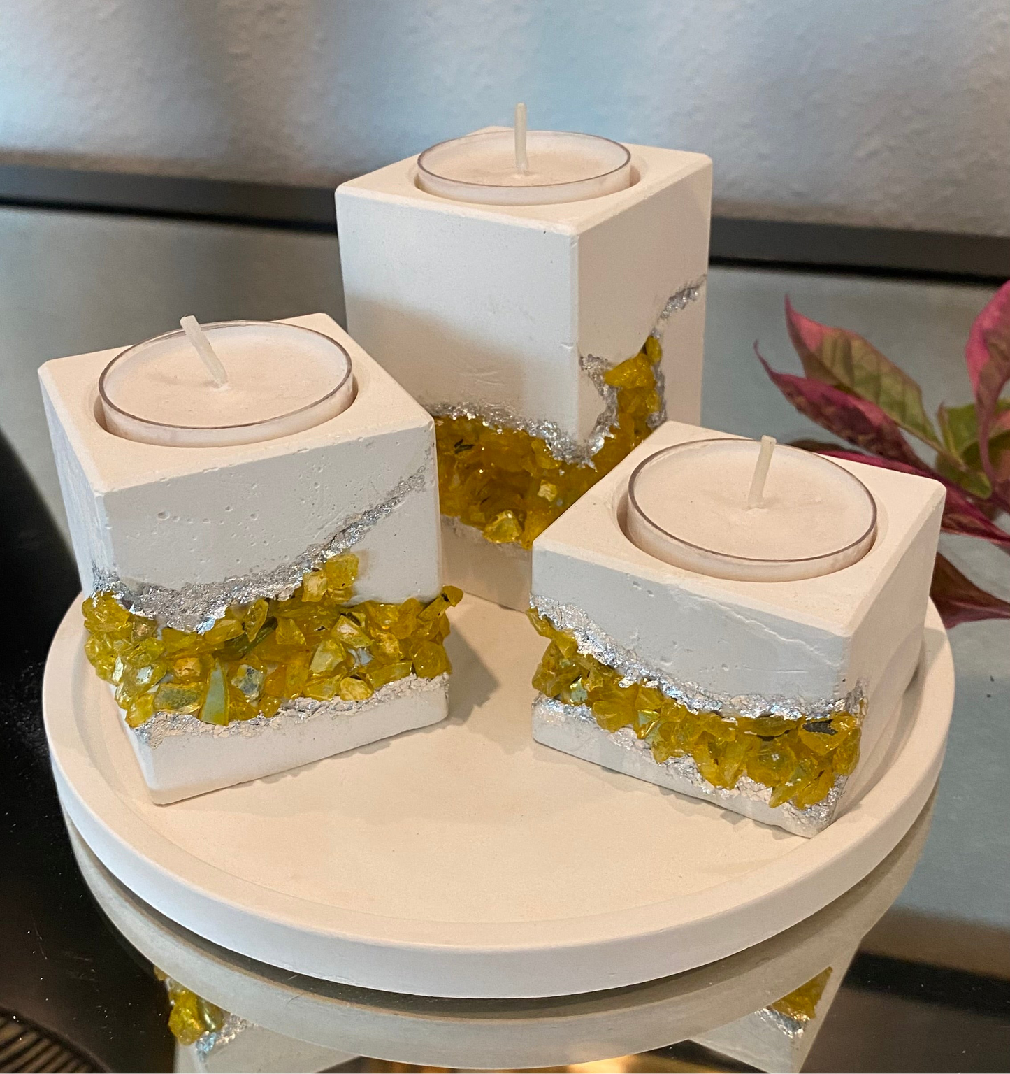 Set of three tea light candle holders and tray