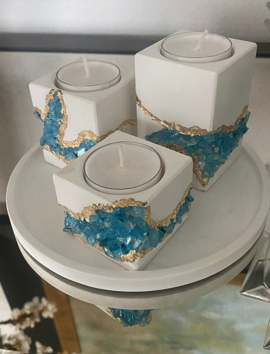 Set of three tea light candle holders and tray