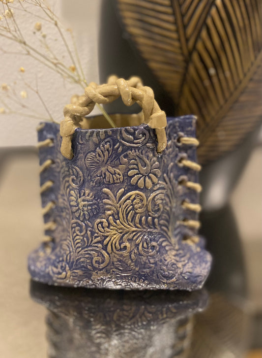 Laced Elegance Handbag-Inspired Embossed Clay Vase 5.5”H x 5”W